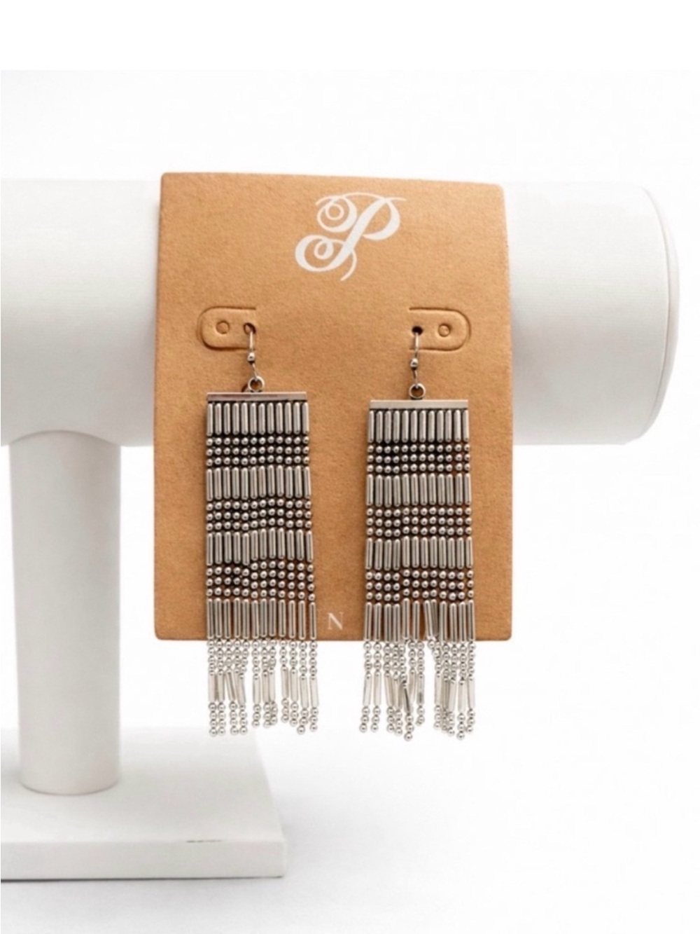 Sterling-Tone Beaded Fringe Earrings - Silver (v) - Picture 4 of 6